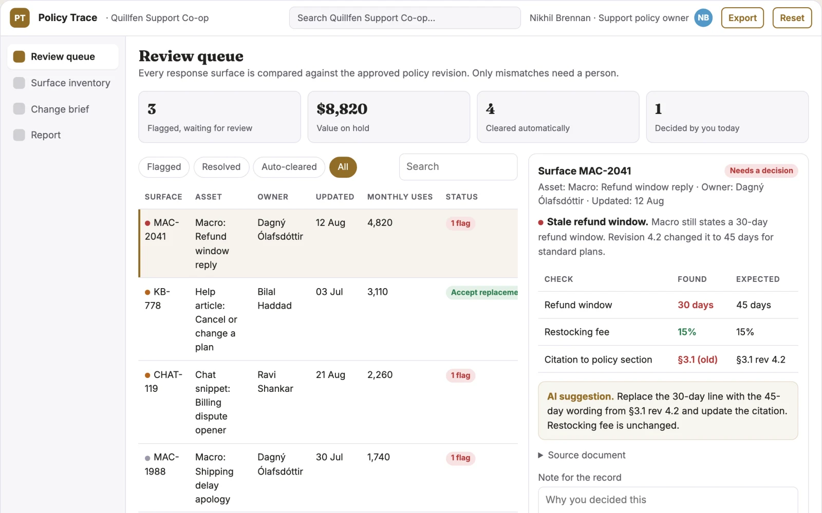 Screenshot of the Support policy rollout verifier interactive demo