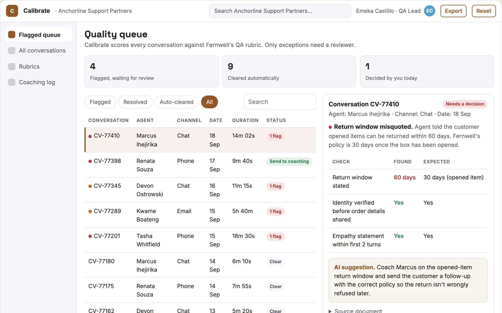 Screenshot of the Support quality auditor interactive demo