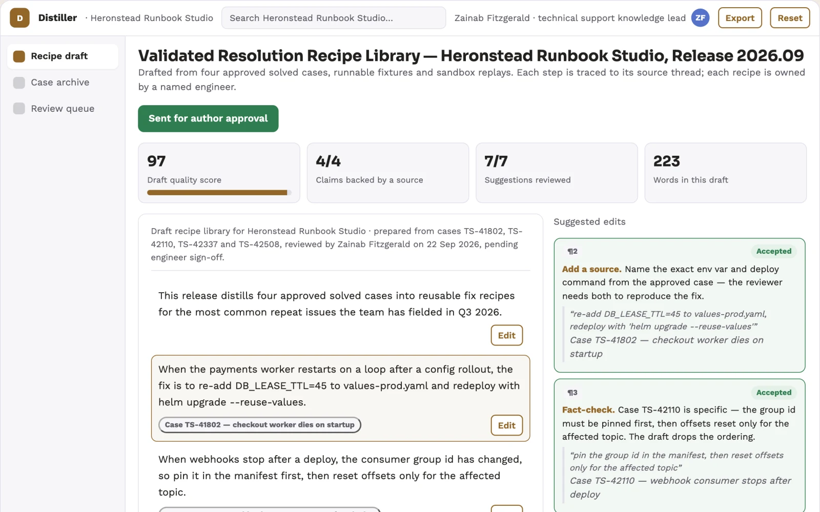 Screenshot of the Support resolution knowledge distiller interactive demo
