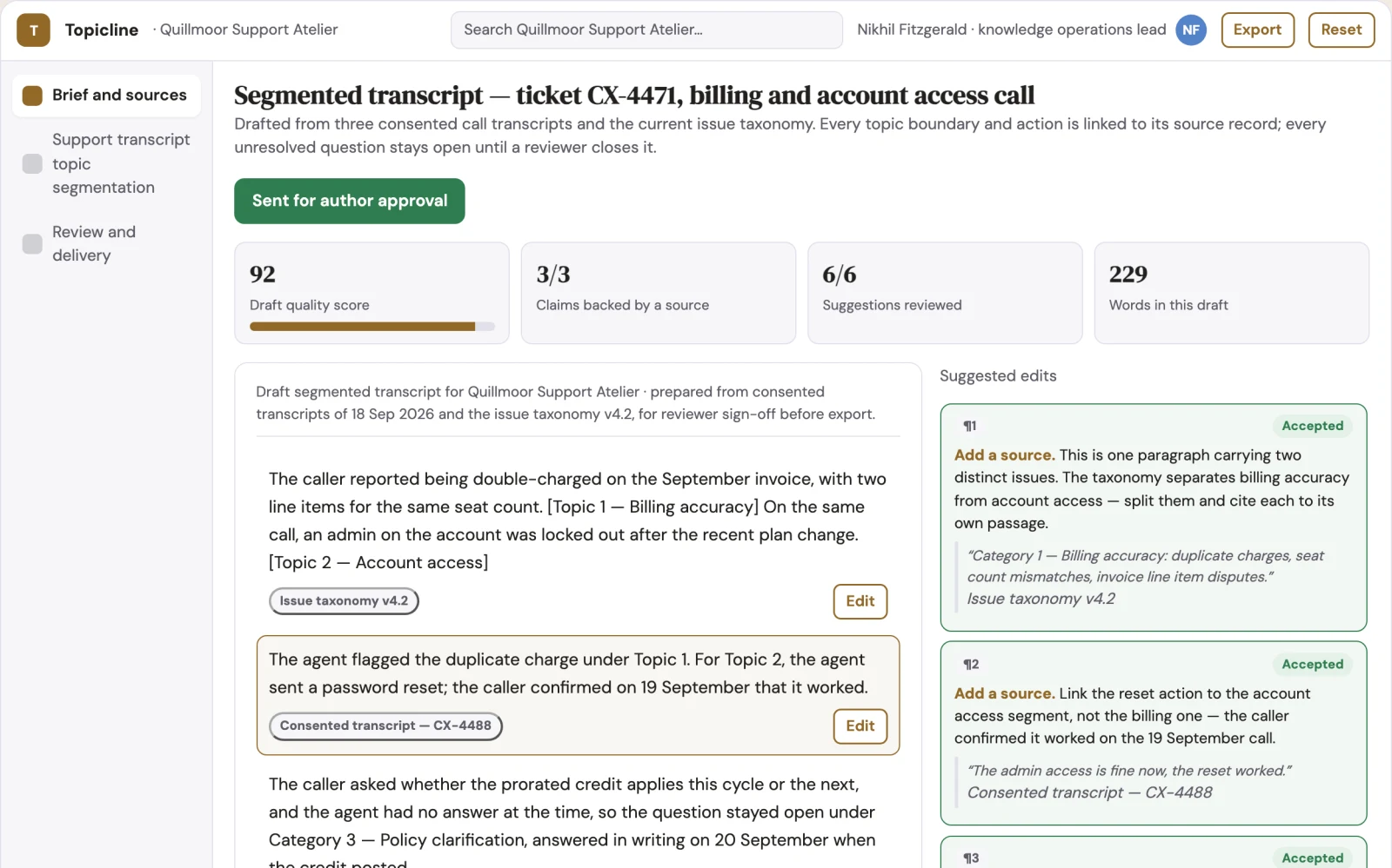 Screenshot of the Support transcript topic segmentation interactive demo