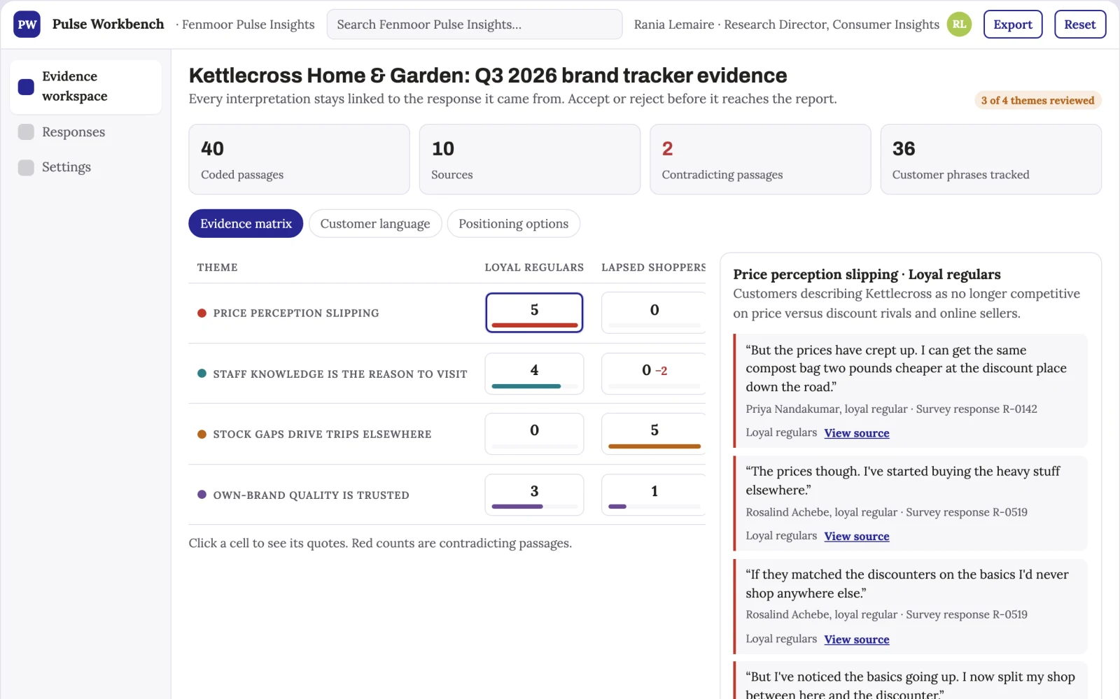 Screenshot of the Survey insight evidence workbench interactive demo