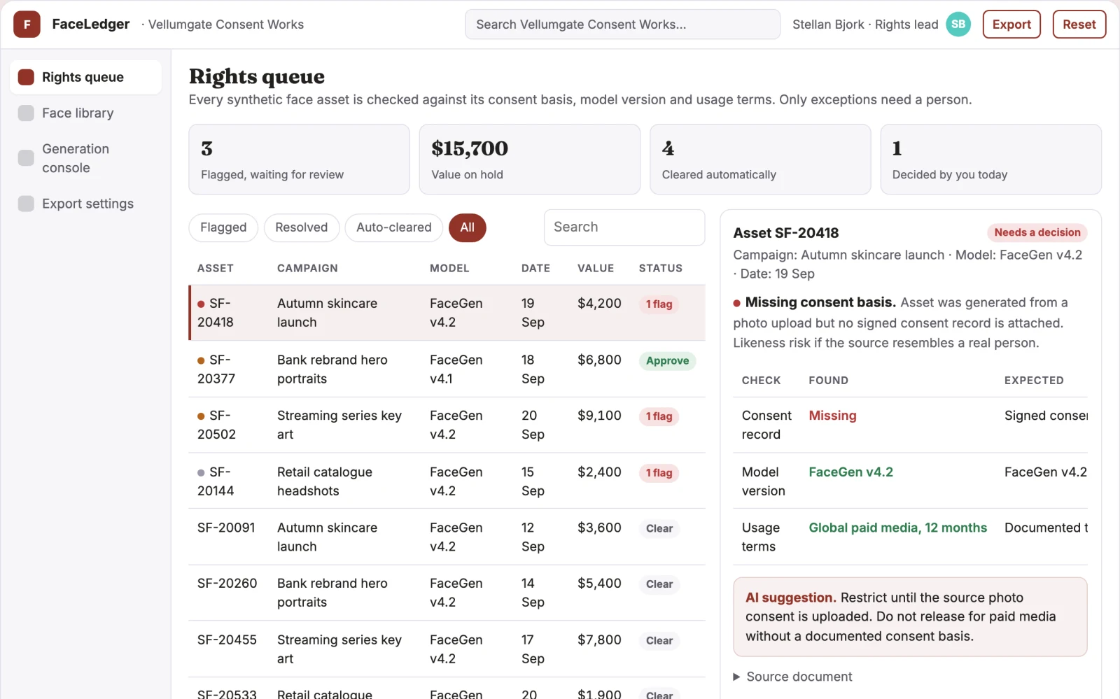 Screenshot of the Synthetic face library and rights console interactive demo
