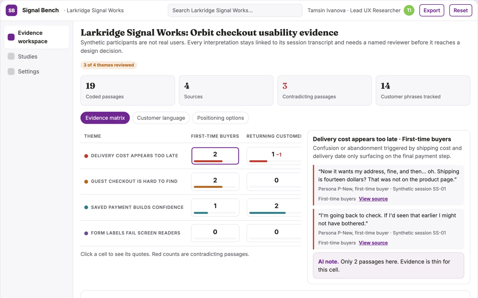 Screenshot of the Synthetic usability evidence workbench interactive demo