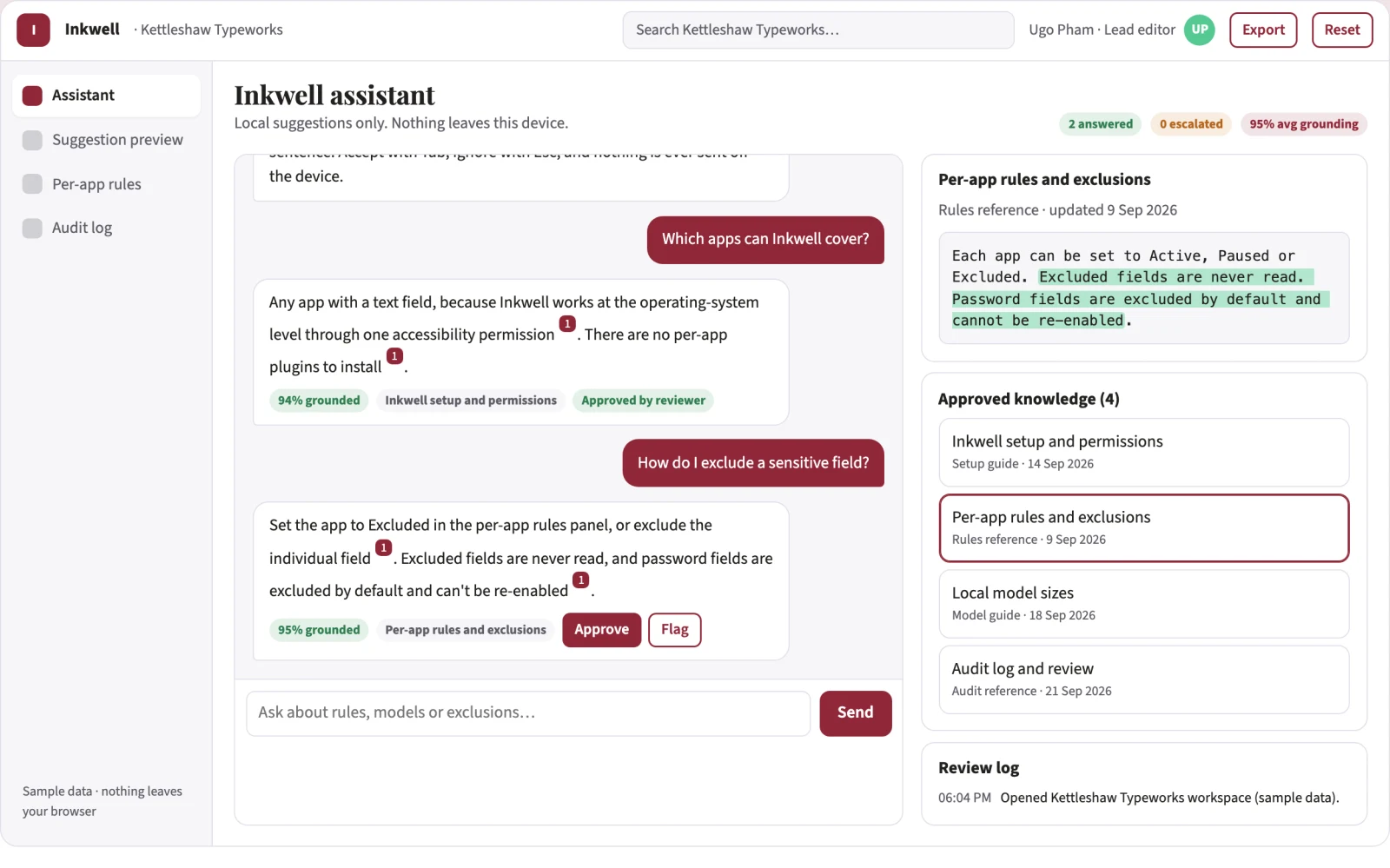 Screenshot of the System-wide local writing autocomplete assistant interactive demo