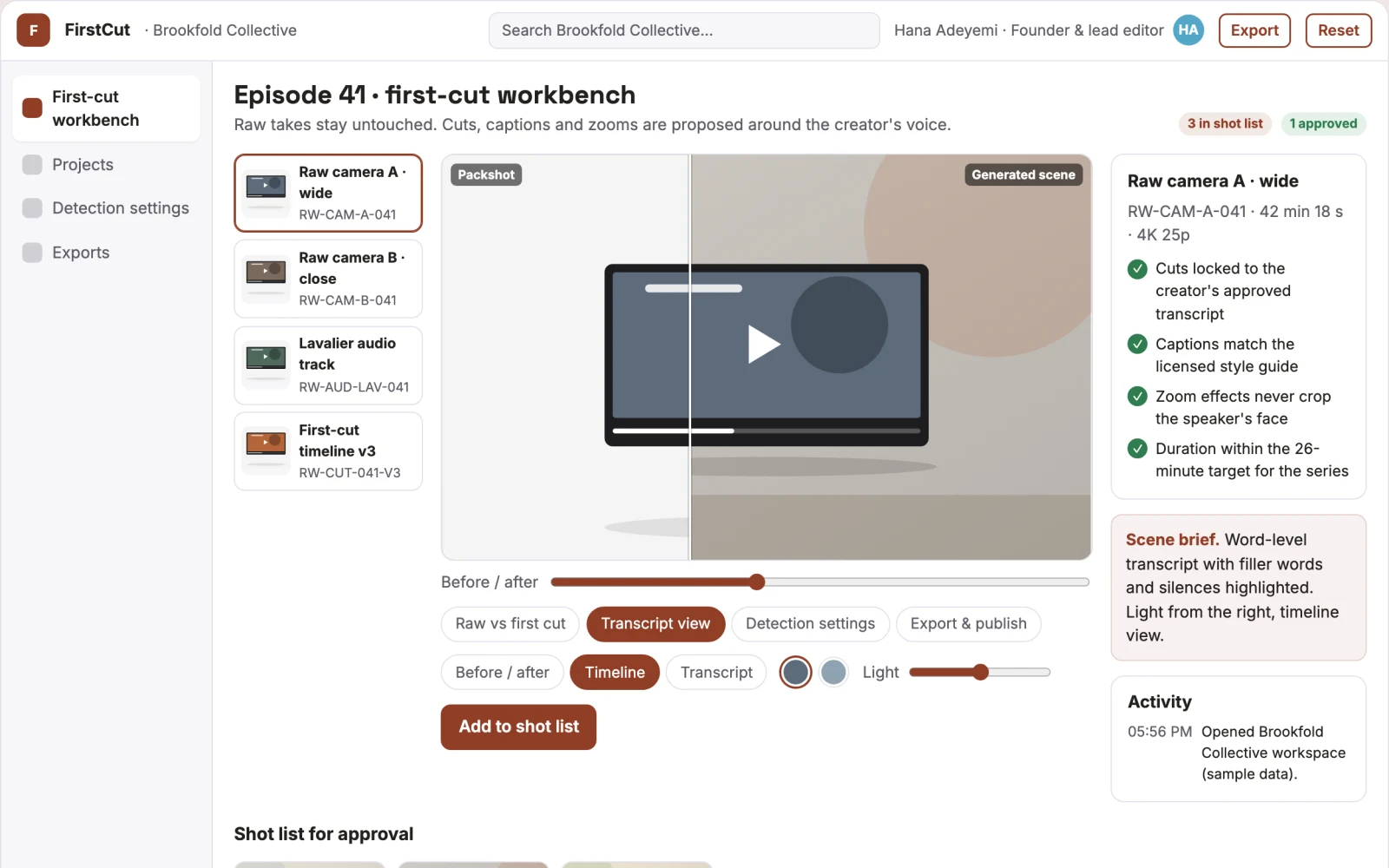 Screenshot of the Talking-head first-cut editing workbench interactive demo