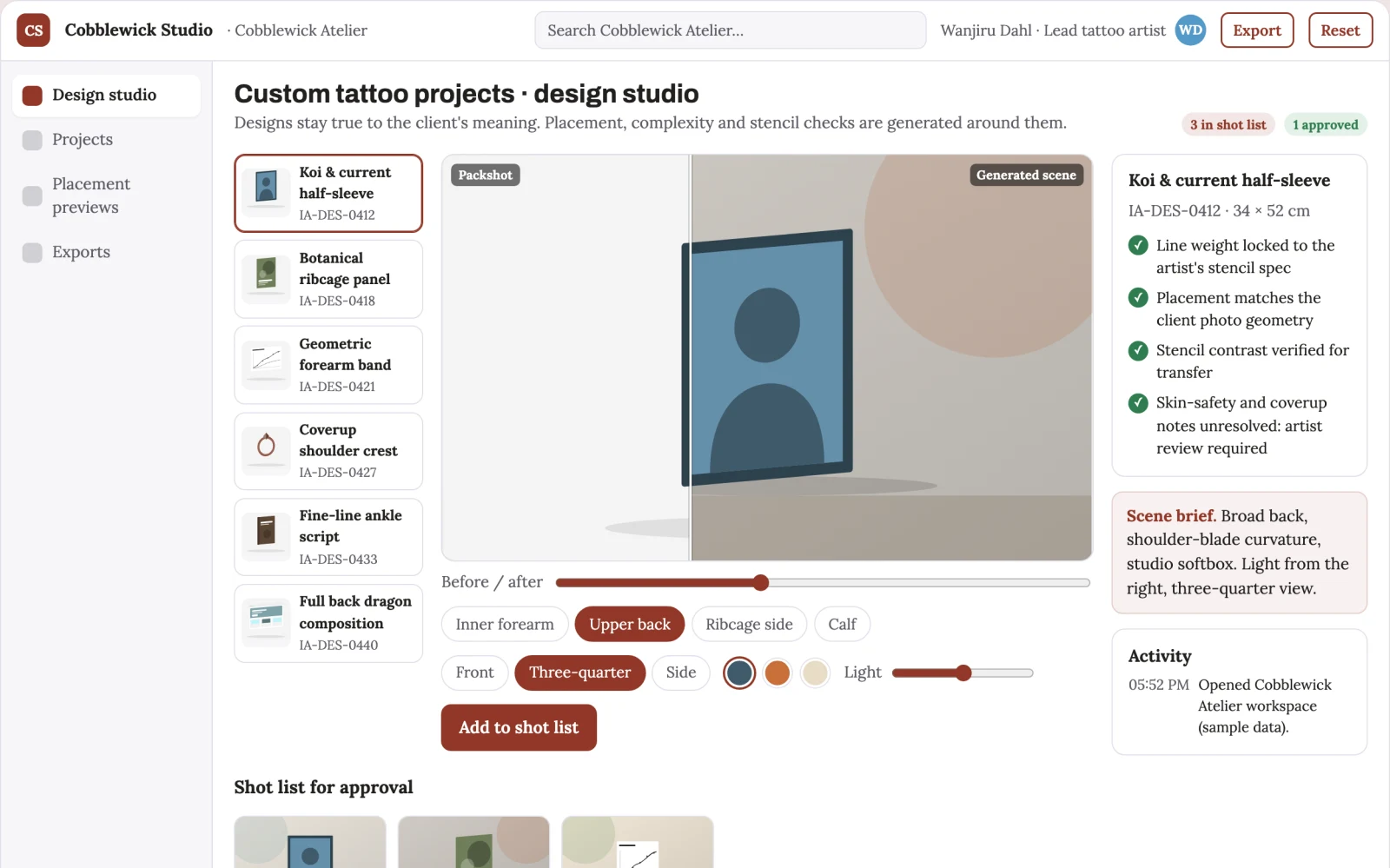 Screenshot of the Tattoo design generation and preview studio interactive demo