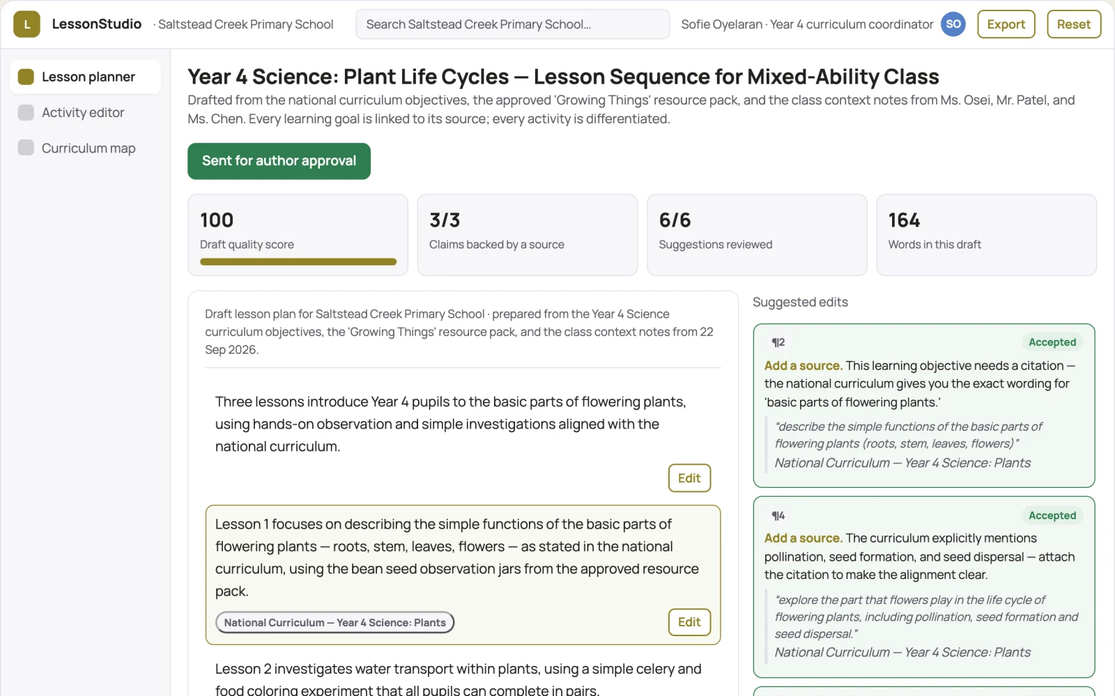 Demo screen of Teacher lesson preparation service