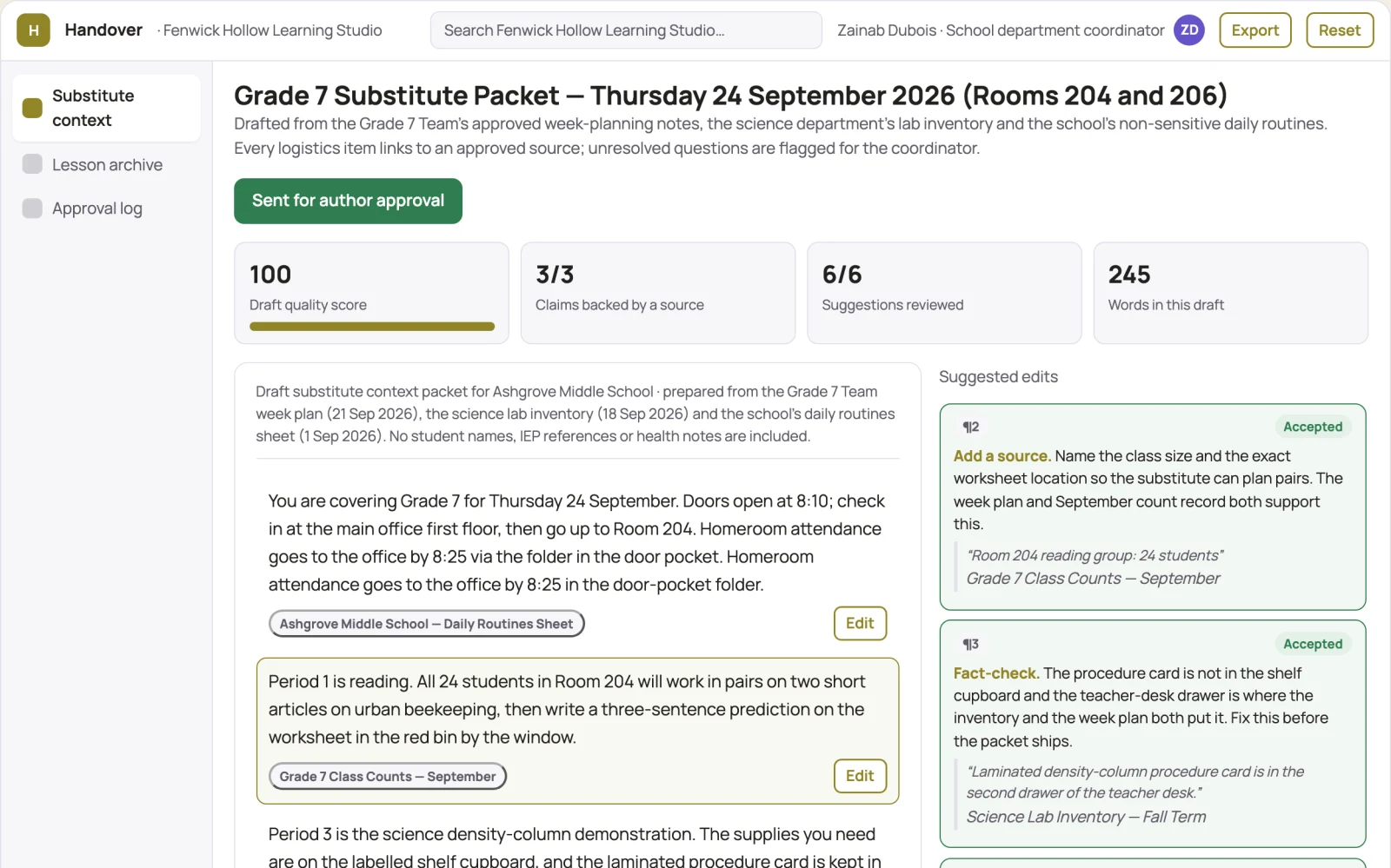 Screenshot of the Teacher substitute context packet interactive demo