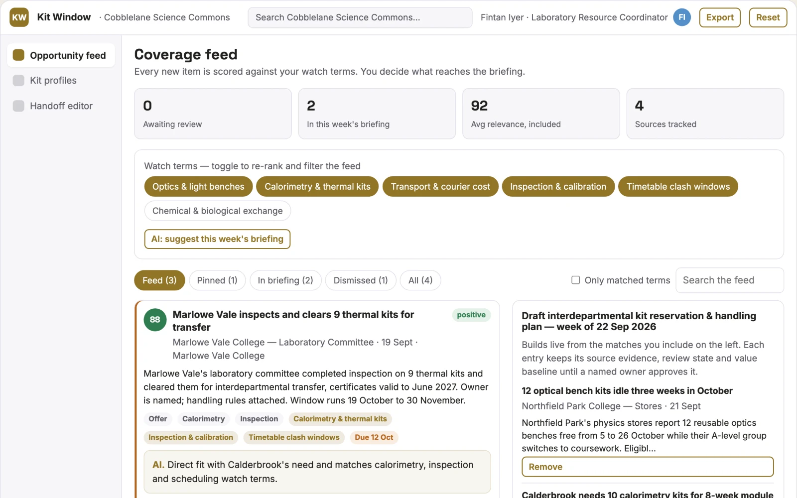 Screenshot of the Teaching laboratory kit sharing planner interactive demo