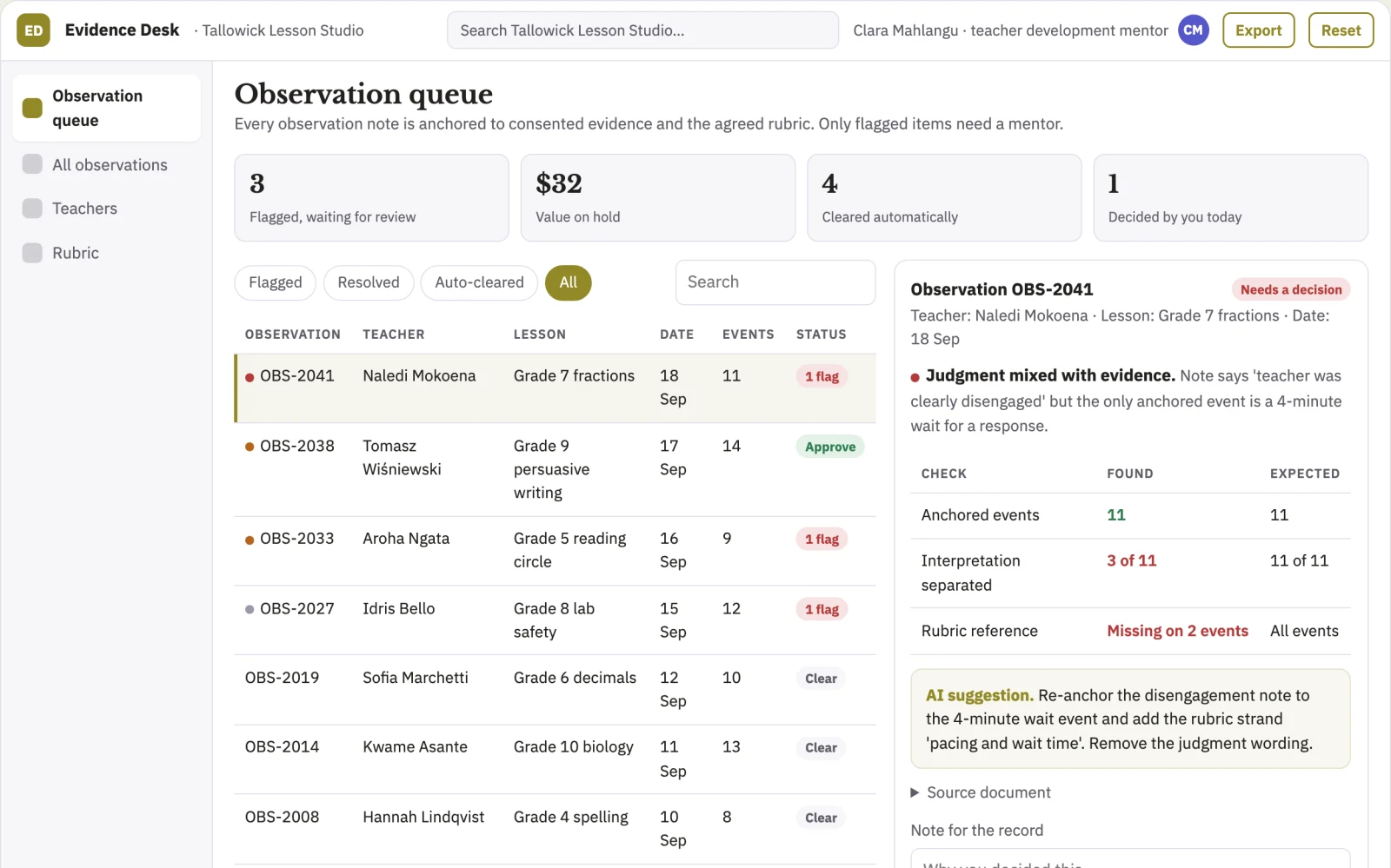 Screenshot of the Teaching observation evidence organizer interactive demo