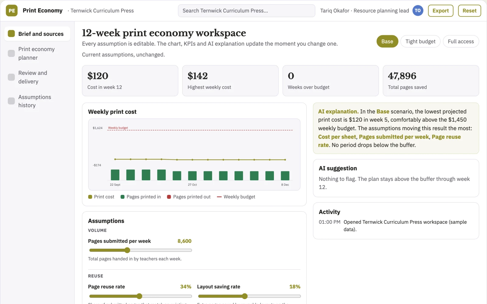 Screenshot of the Teaching resource print economy planner interactive demo