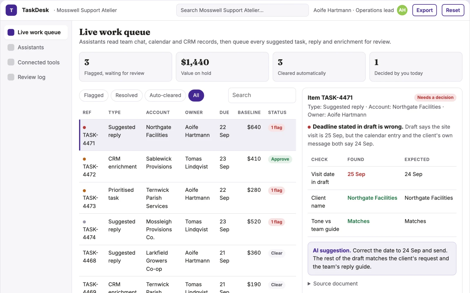 Screenshot of the Team assistant operations coordination portal interactive demo