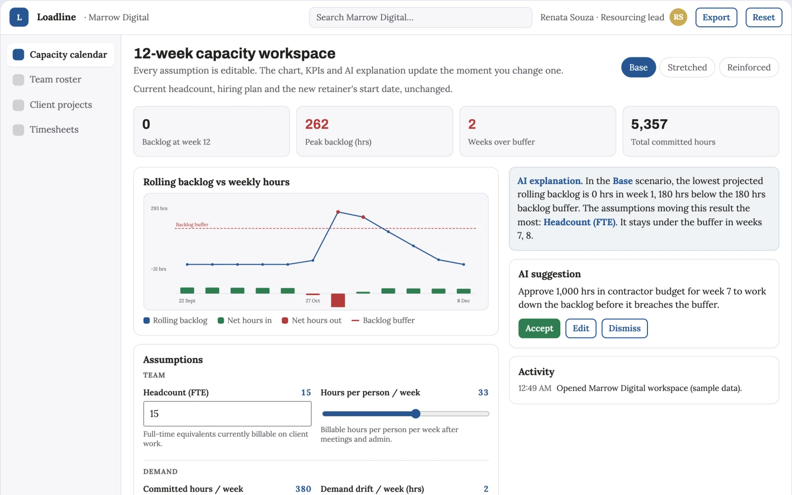 Demo screen of Team capacity planner
