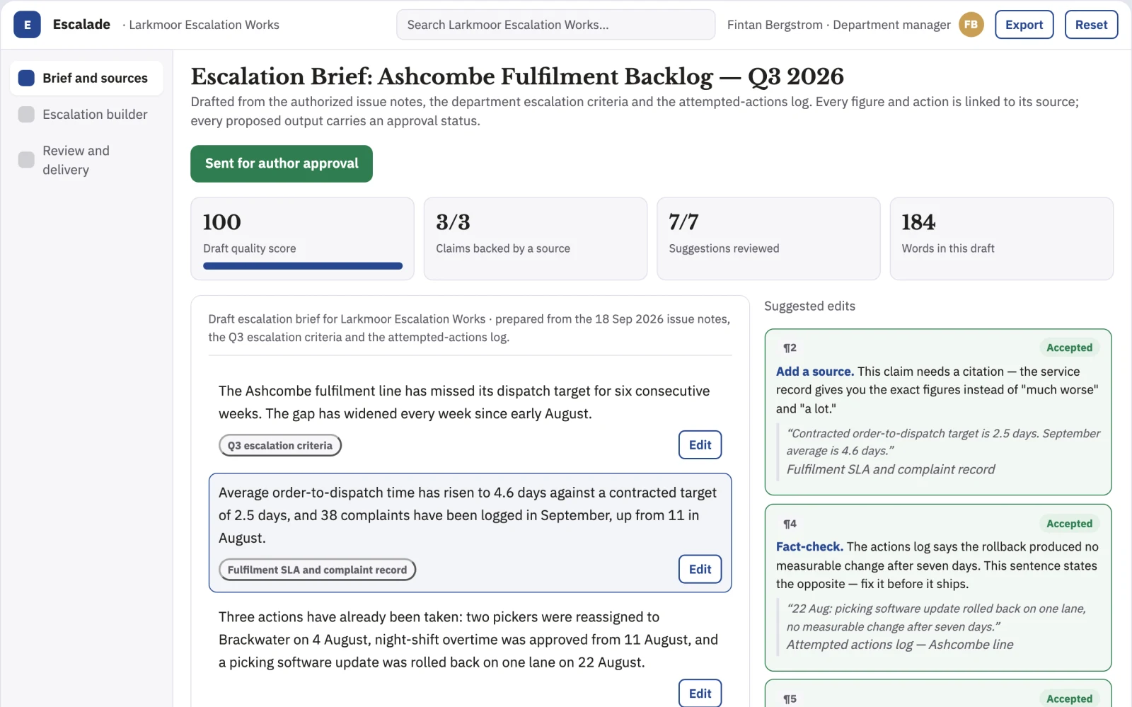 Screenshot of the Team escalation evidence builder interactive demo