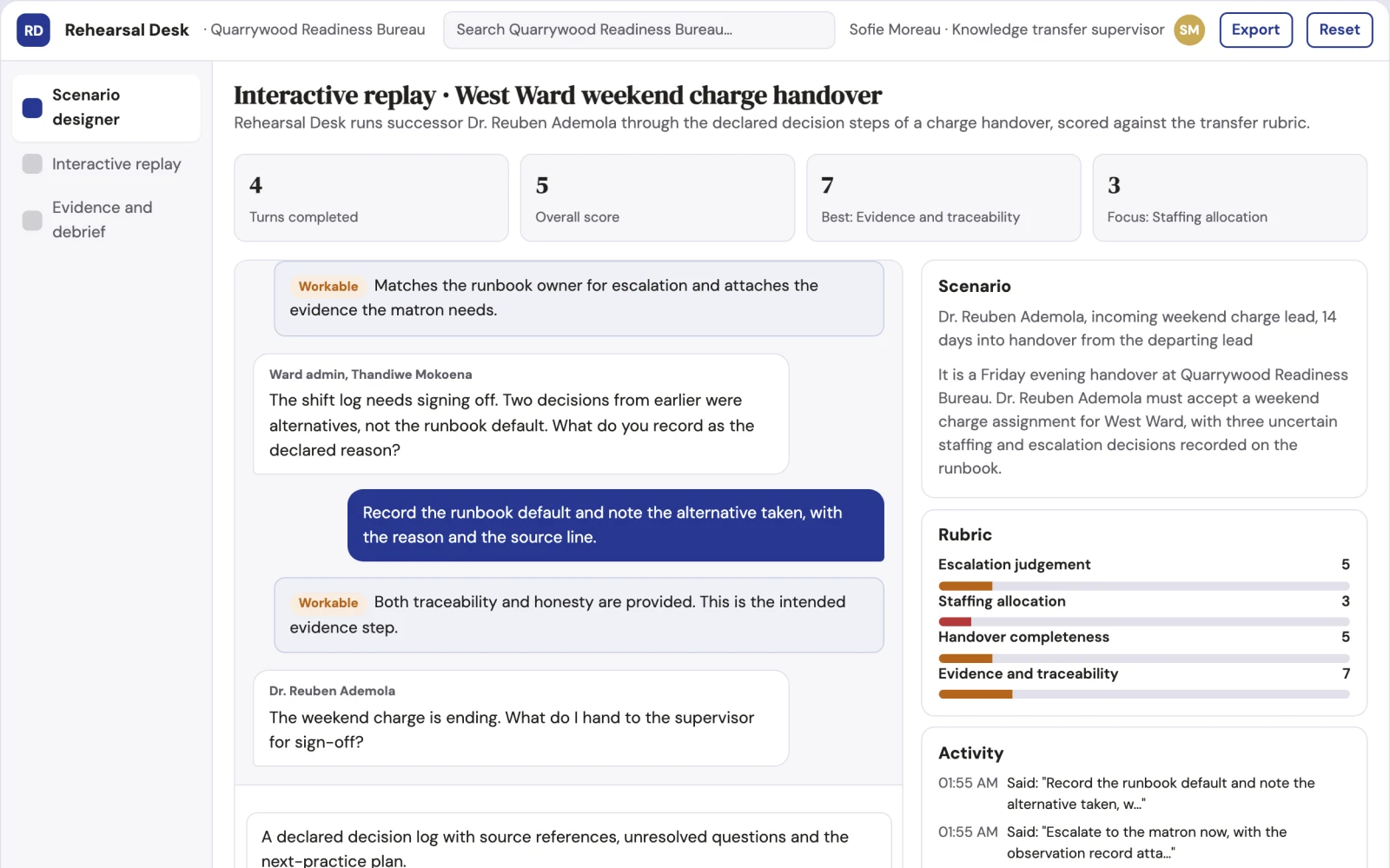 Screenshot of the Team knowledge-transfer rehearsal simulator interactive demo