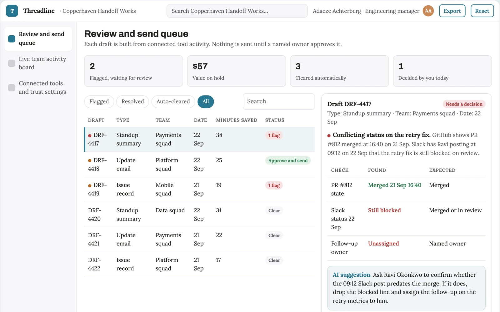 Screenshot of the Team progress and conversation operations portal interactive demo