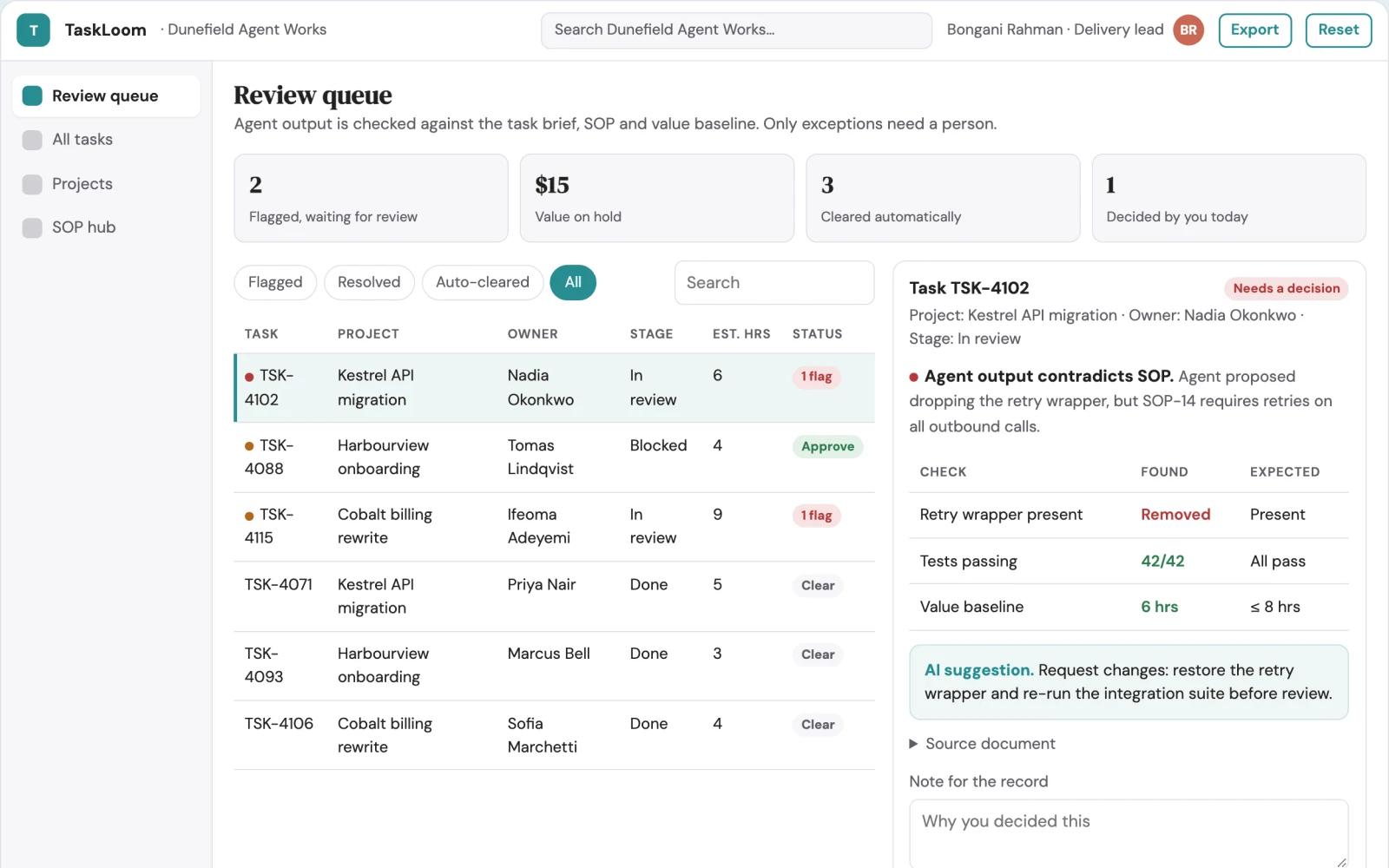 Screenshot of the Team project and task coordination workspace interactive demo