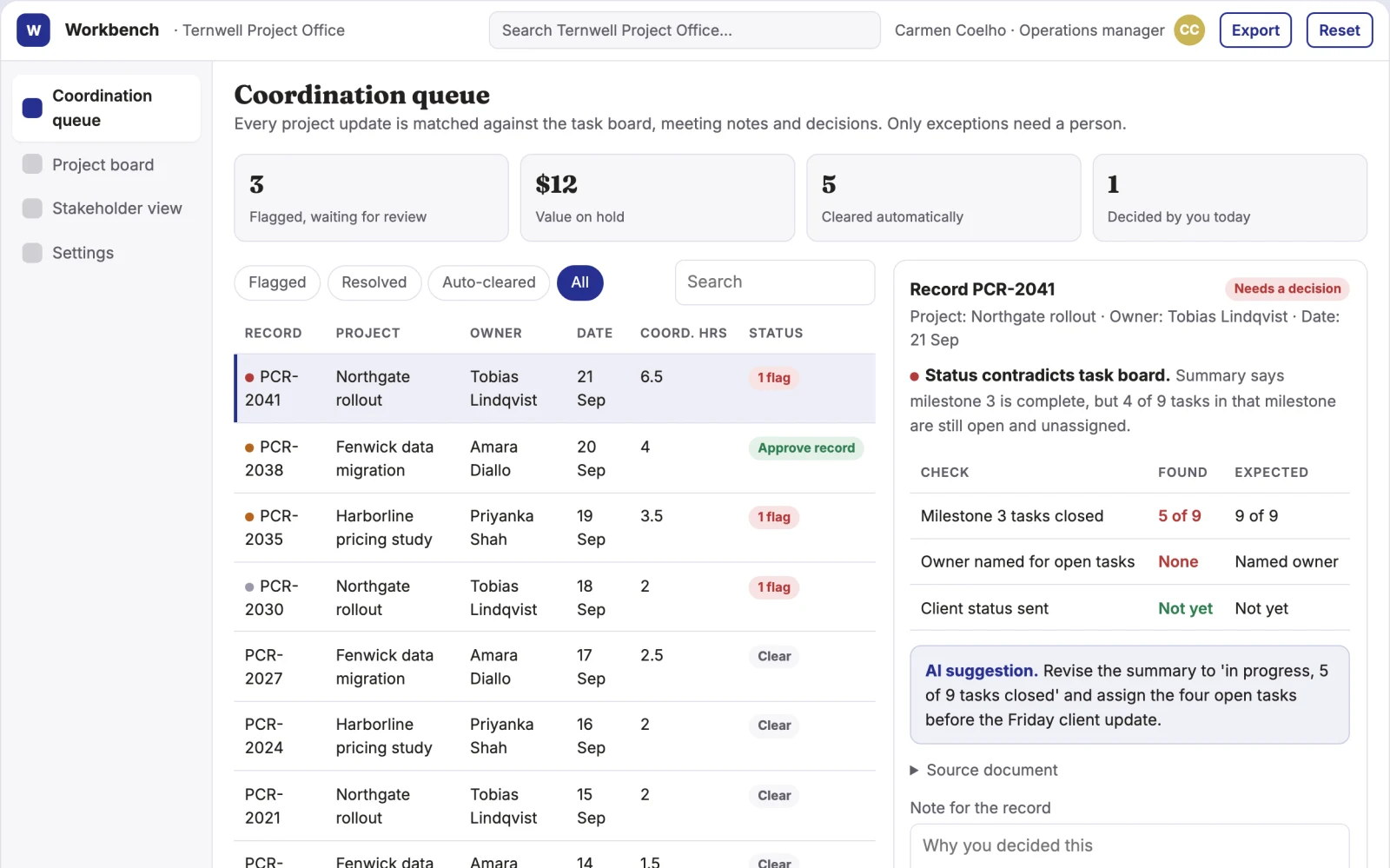 Screenshot of the Team project coordination and communication workbench interactive demo