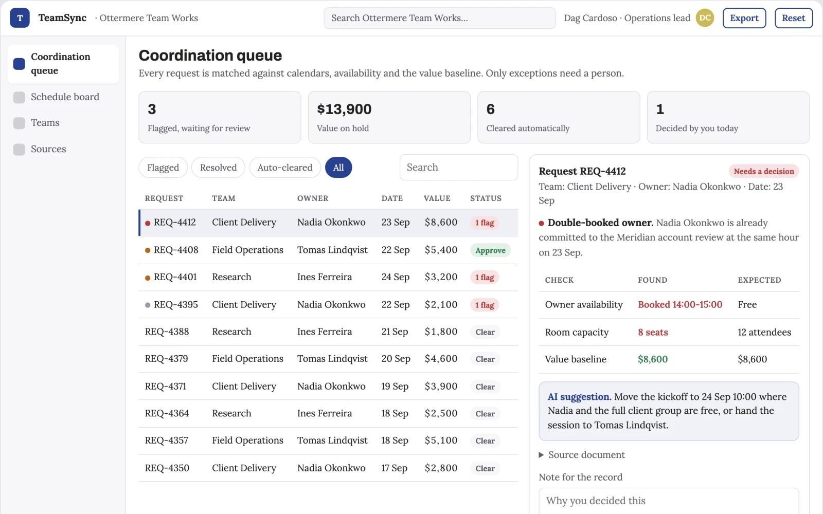 Screenshot of the Team scheduling and task coordination portal interactive demo