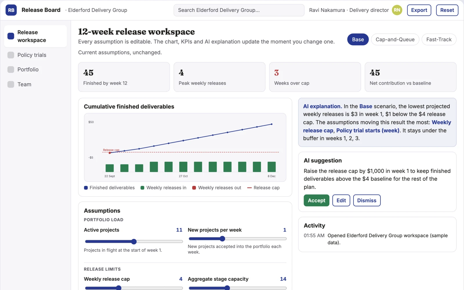 Screenshot of the Team work-in-progress release controller interactive demo