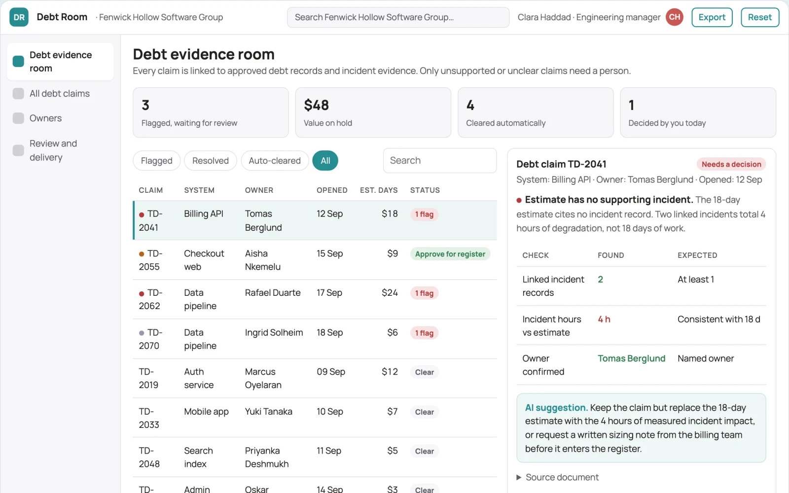 Screenshot of the Technical debt decision evidence room interactive demo