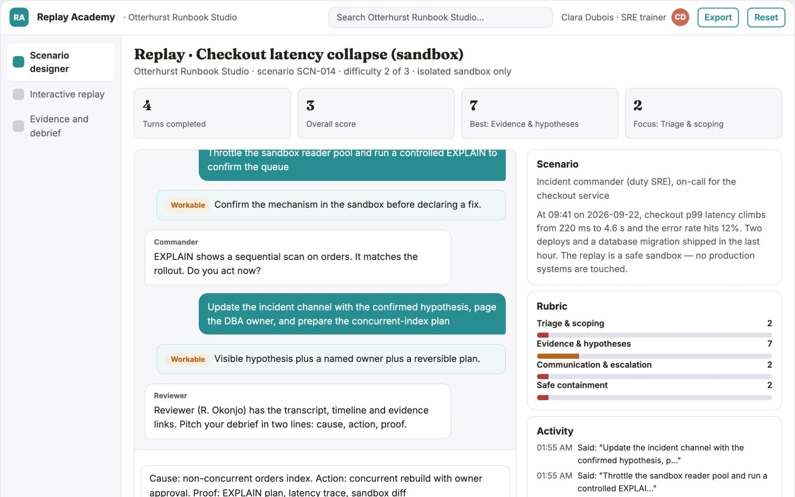 Screenshot of the Technical incident replay academy interactive demo