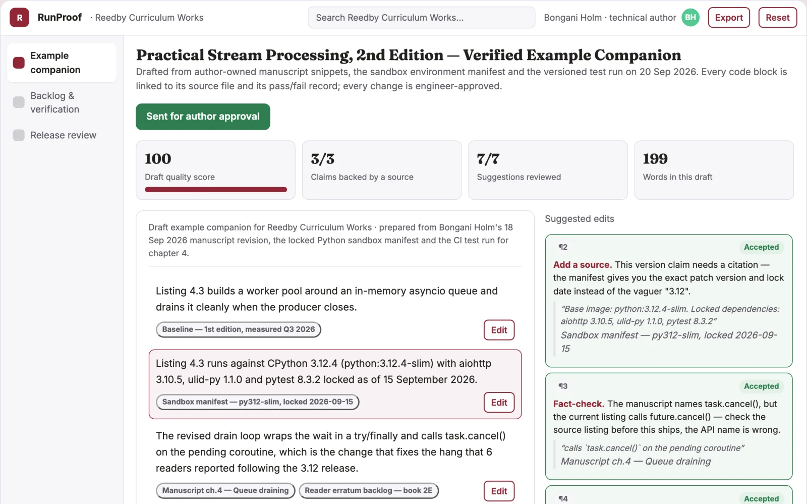 Screenshot of the Technical manual executable-example publisher interactive demo
