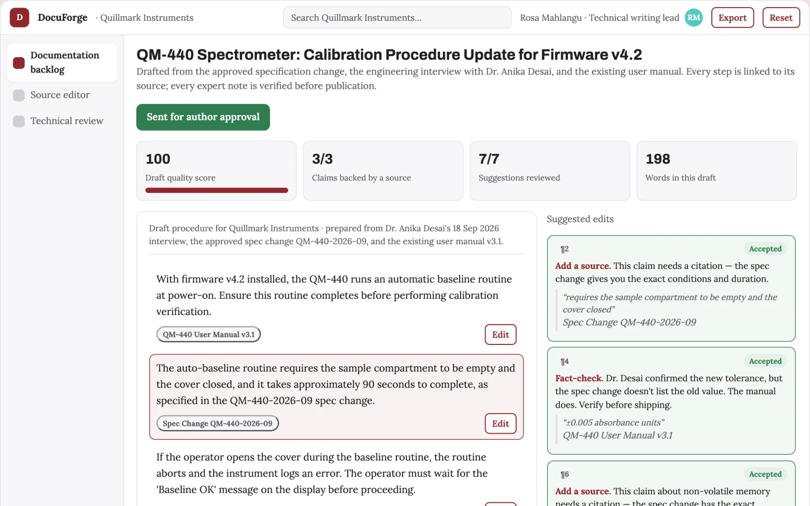 Demo screen of Technical writing subscription