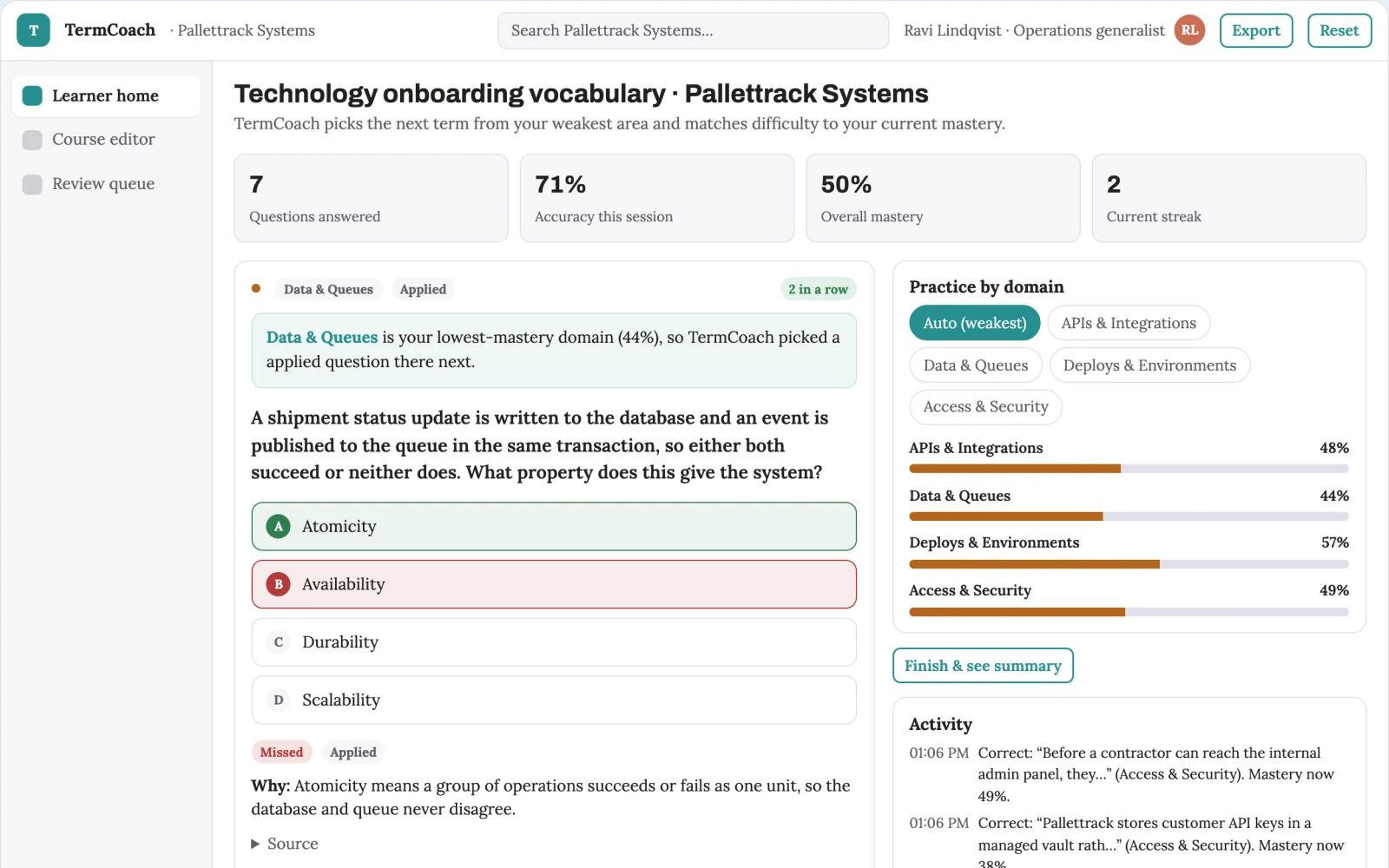 Screenshot of the Technology onboarding vocabulary coach interactive demo