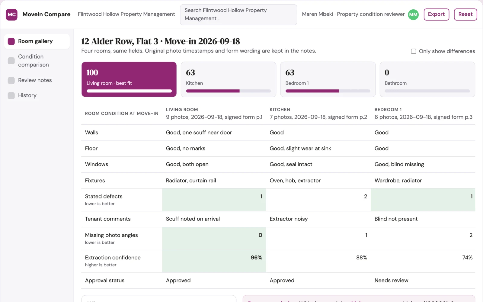 Screenshot of the Tenant move-in condition comparison interactive demo