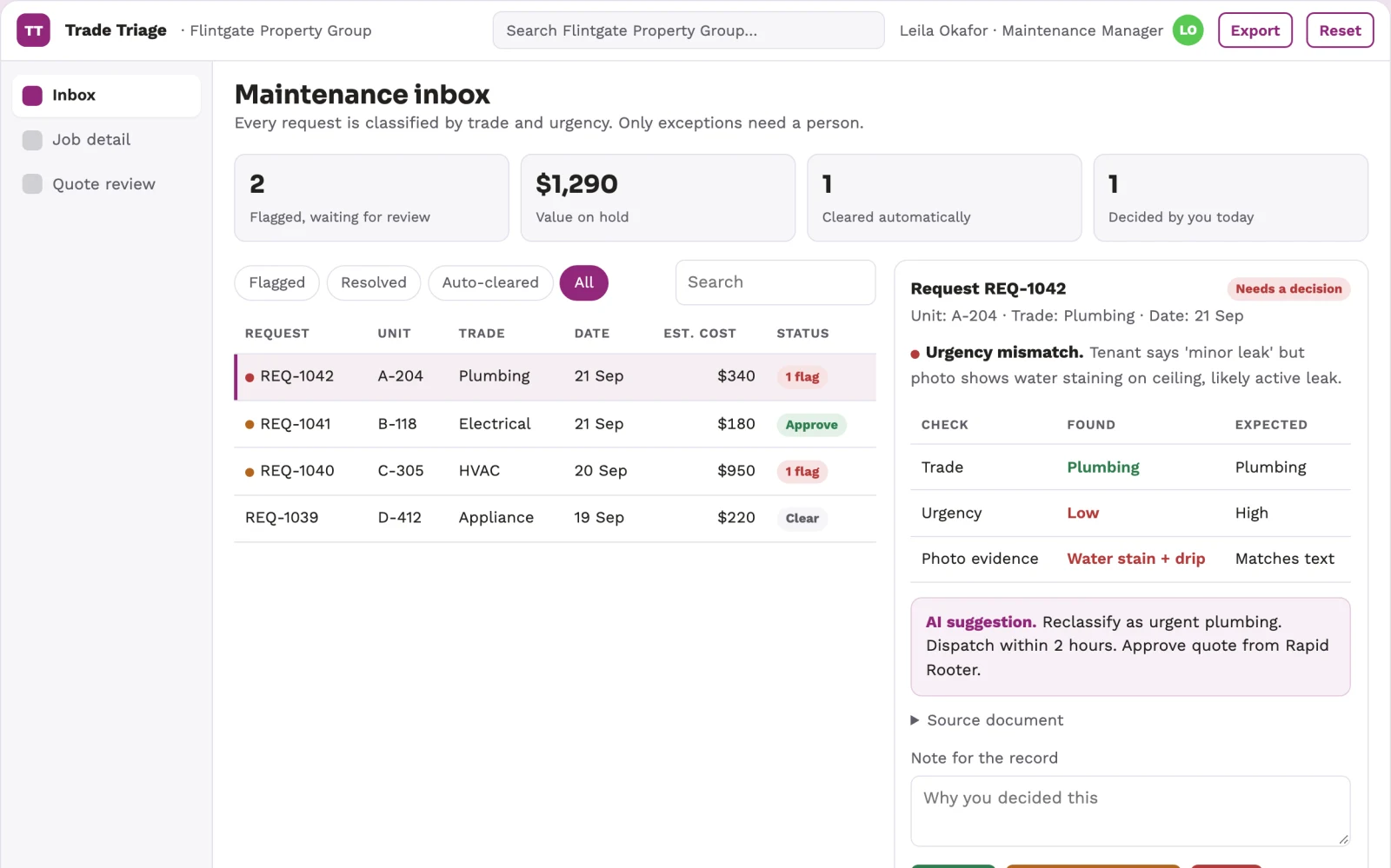 Demo screen of Trade Triage