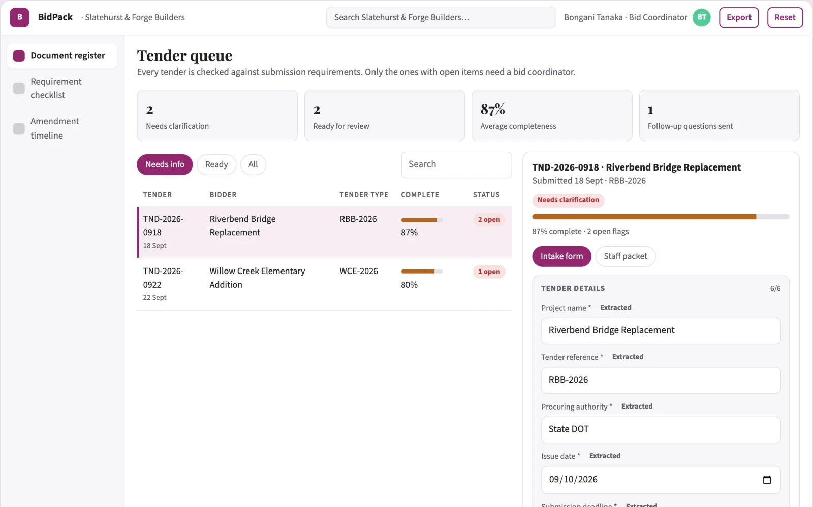 Screenshot of the Tender package organizer interactive demo