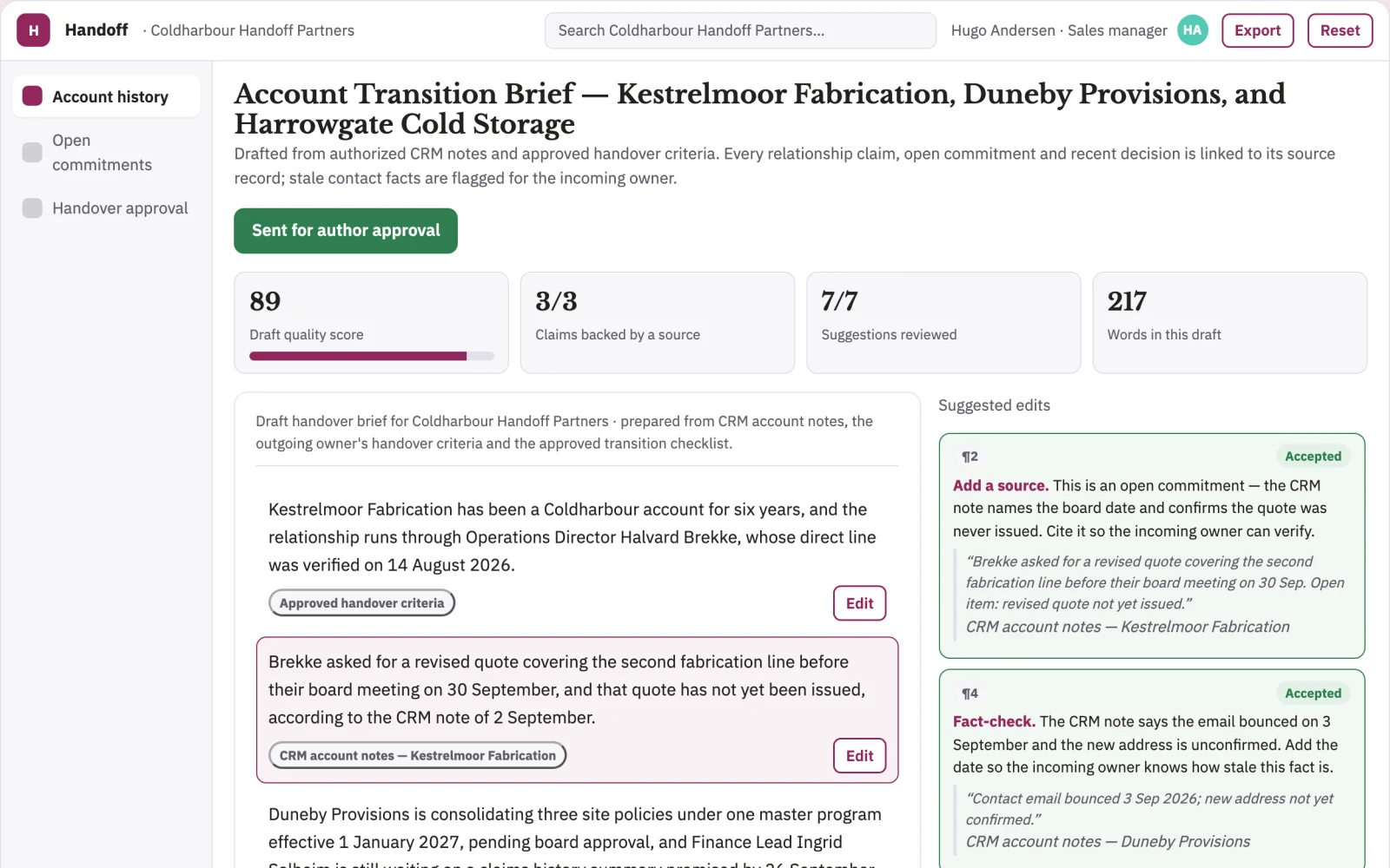 Screenshot of the Territory handover context notebook interactive demo