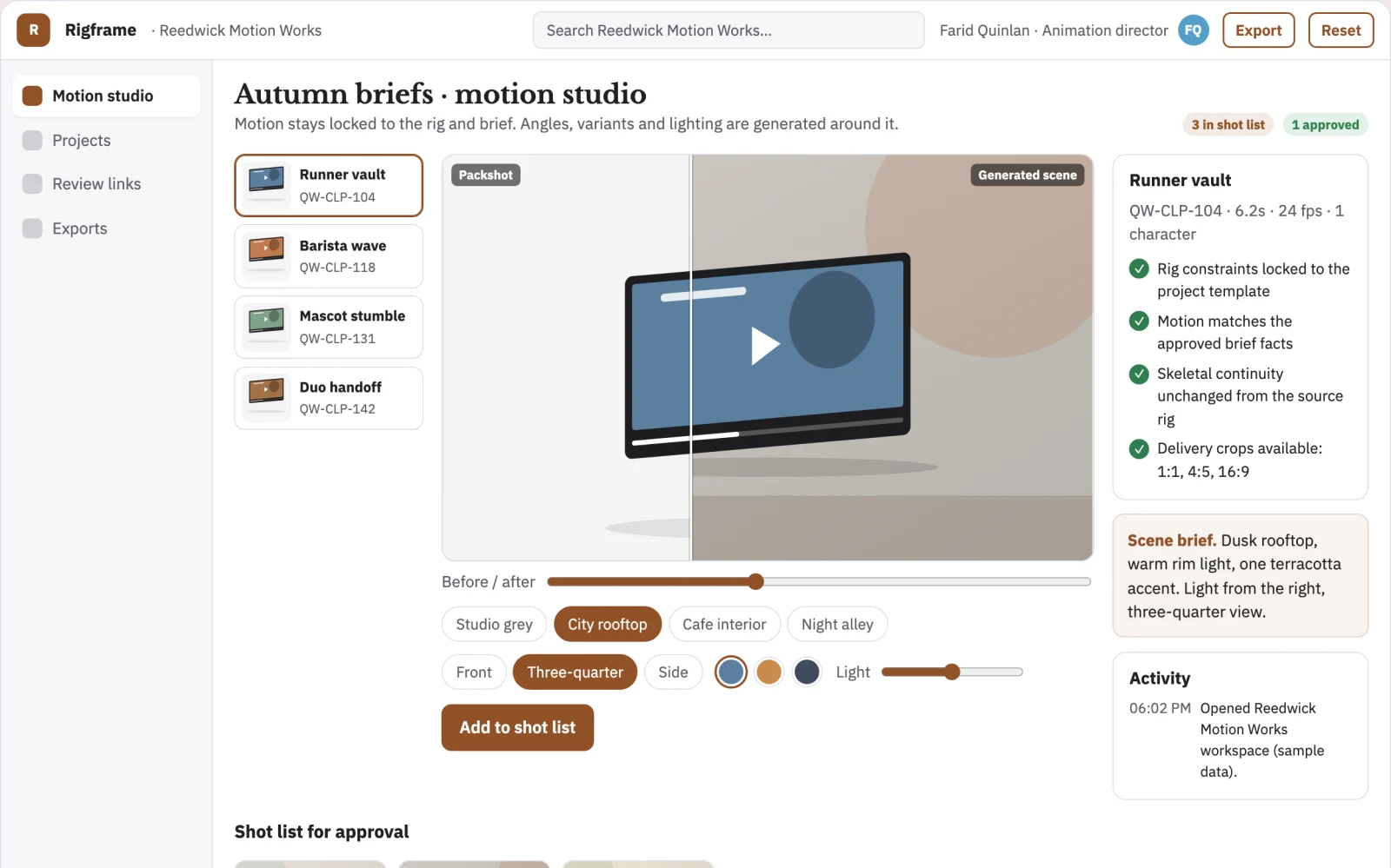 Screenshot of the Text-to-3D character animation production studio interactive demo