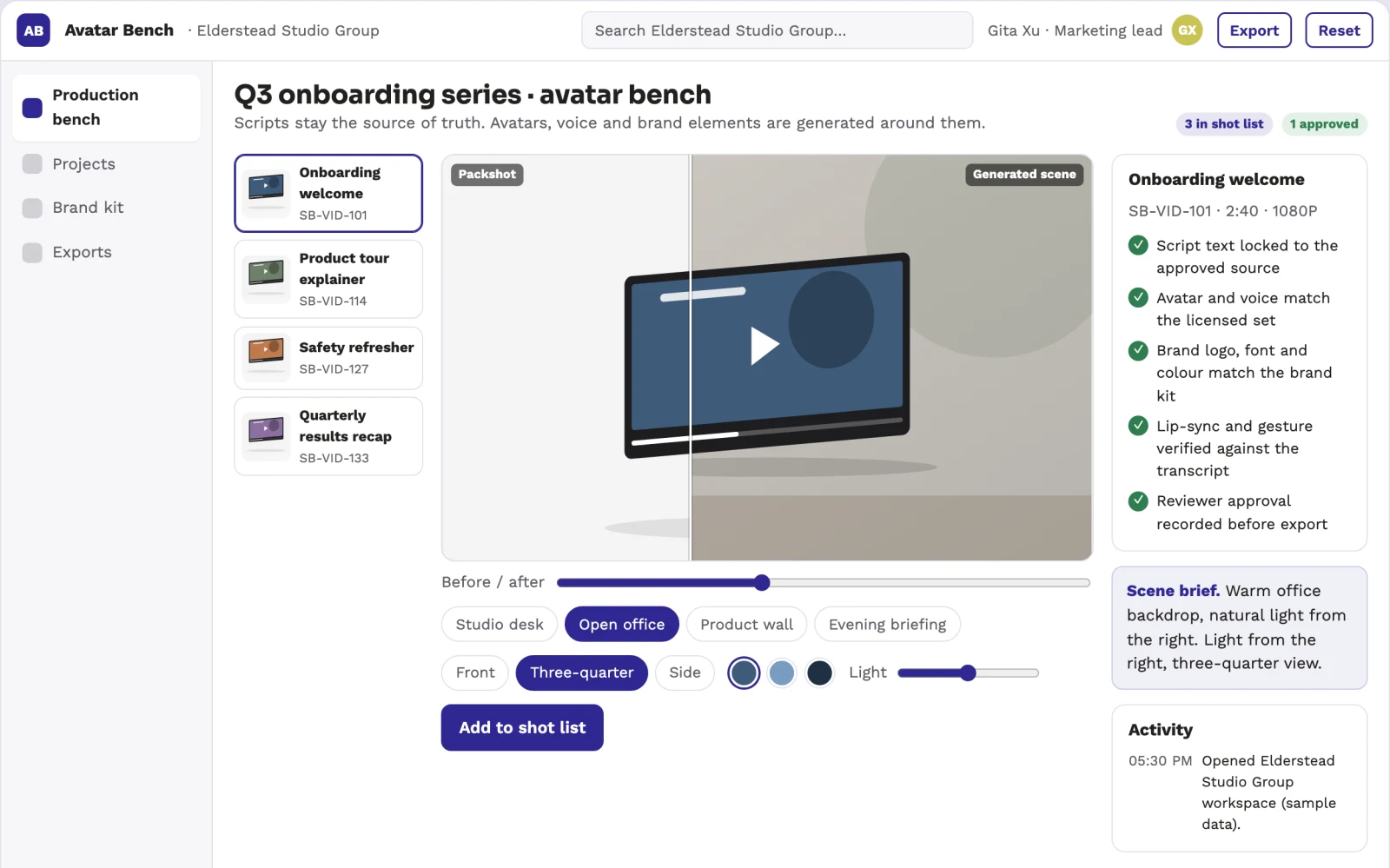 Screenshot of the Text-to-avatar video production workbench interactive demo