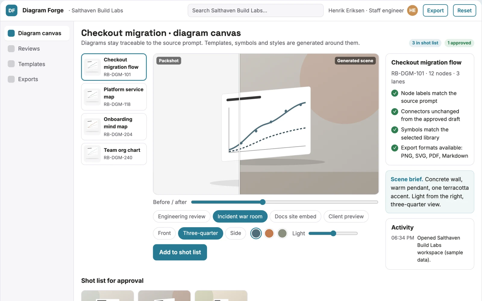 Screenshot of the Text-to-diagram production and review workspace interactive demo
