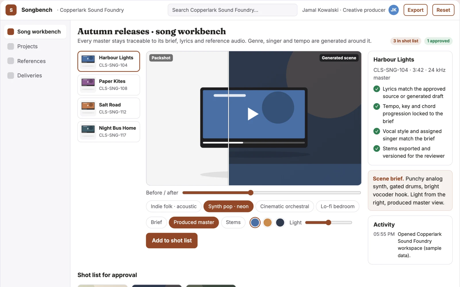 Screenshot of the Text-to-song production and review workbench interactive demo