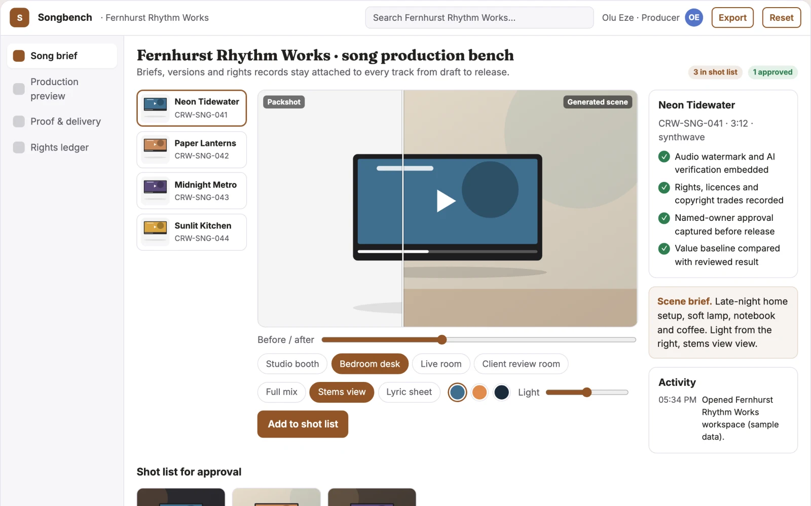 Screenshot of the Text-to-song production and rights workbench interactive demo