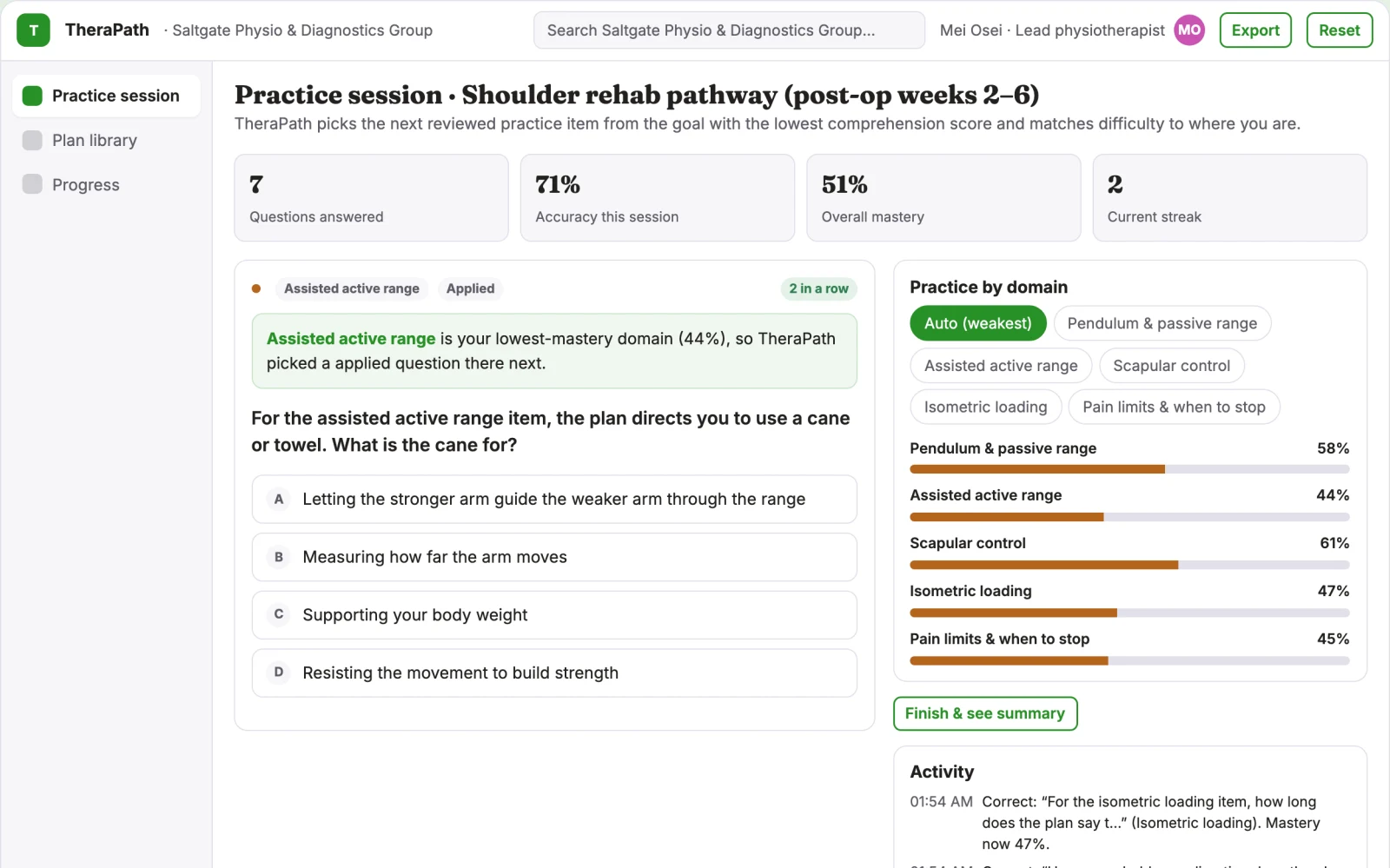 Screenshot of the Therapy home-practice adherence workshop interactive demo