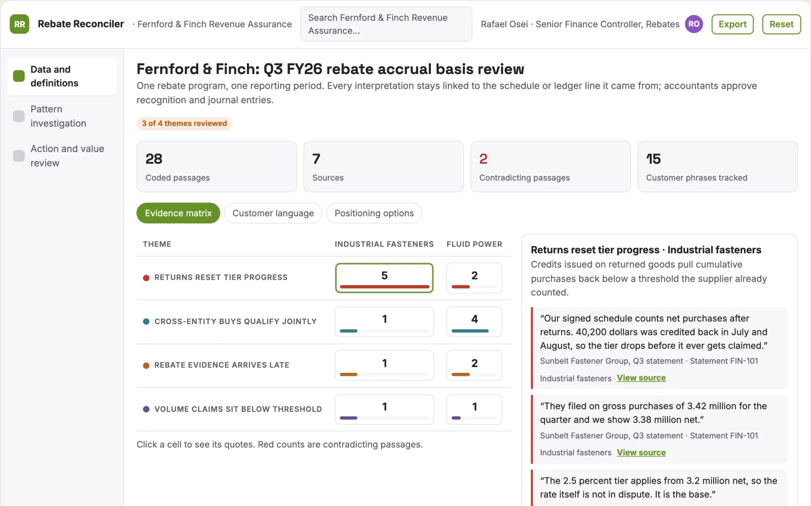 Screenshot of the Tiered supplier rebate accrual reconciler interactive demo