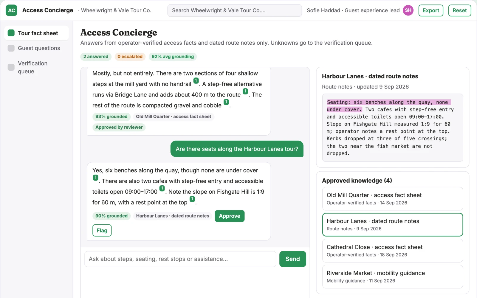 Screenshot of the Tour accessibility question concierge interactive demo
