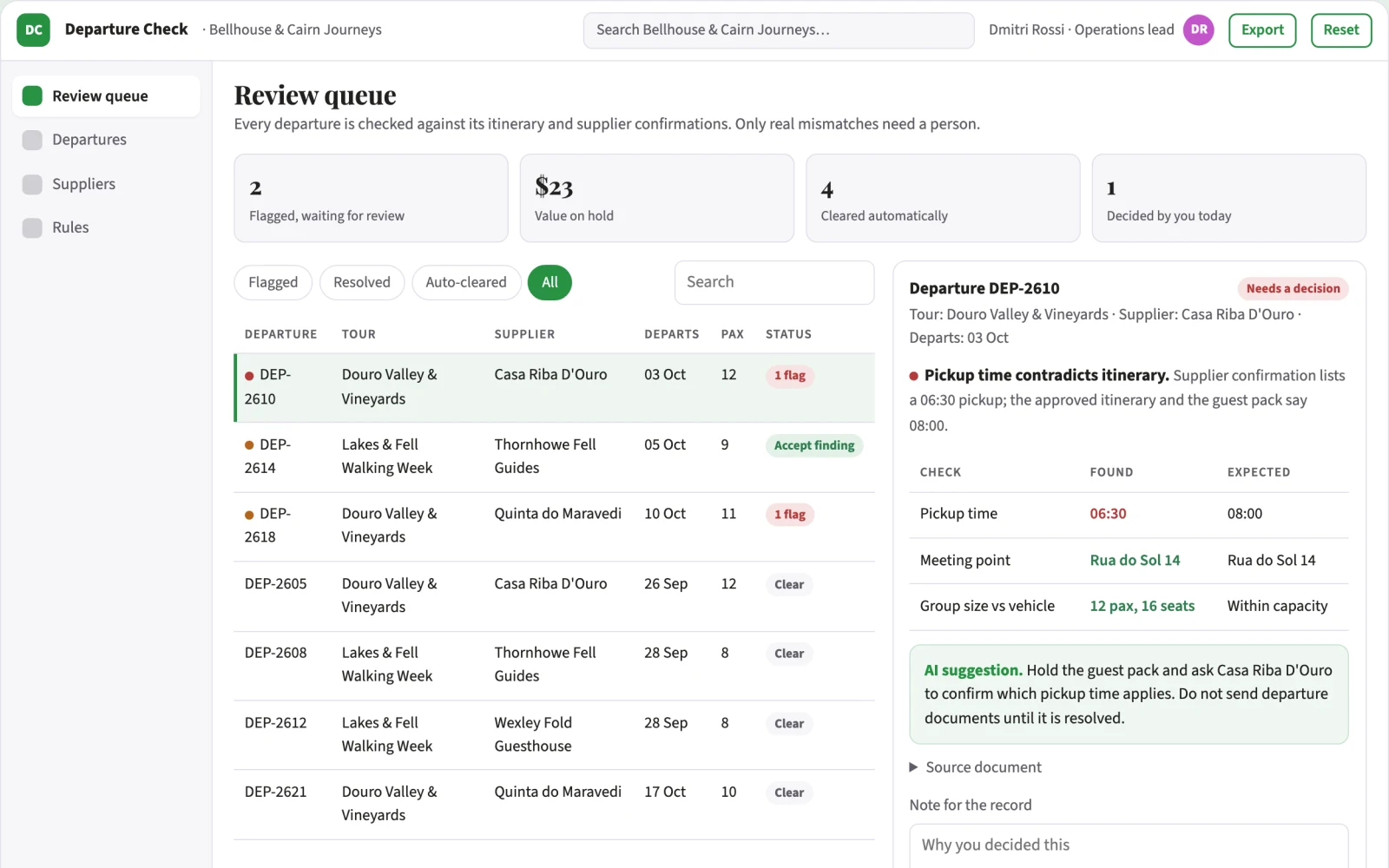 Screenshot of the Tour departure document checker interactive demo