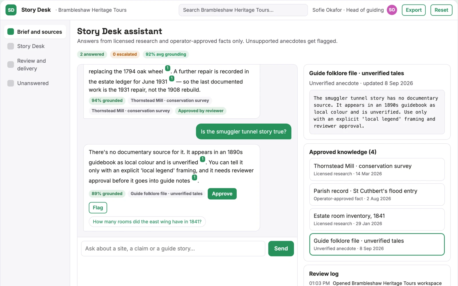 Screenshot of the Tour guide knowledge source desk interactive demo