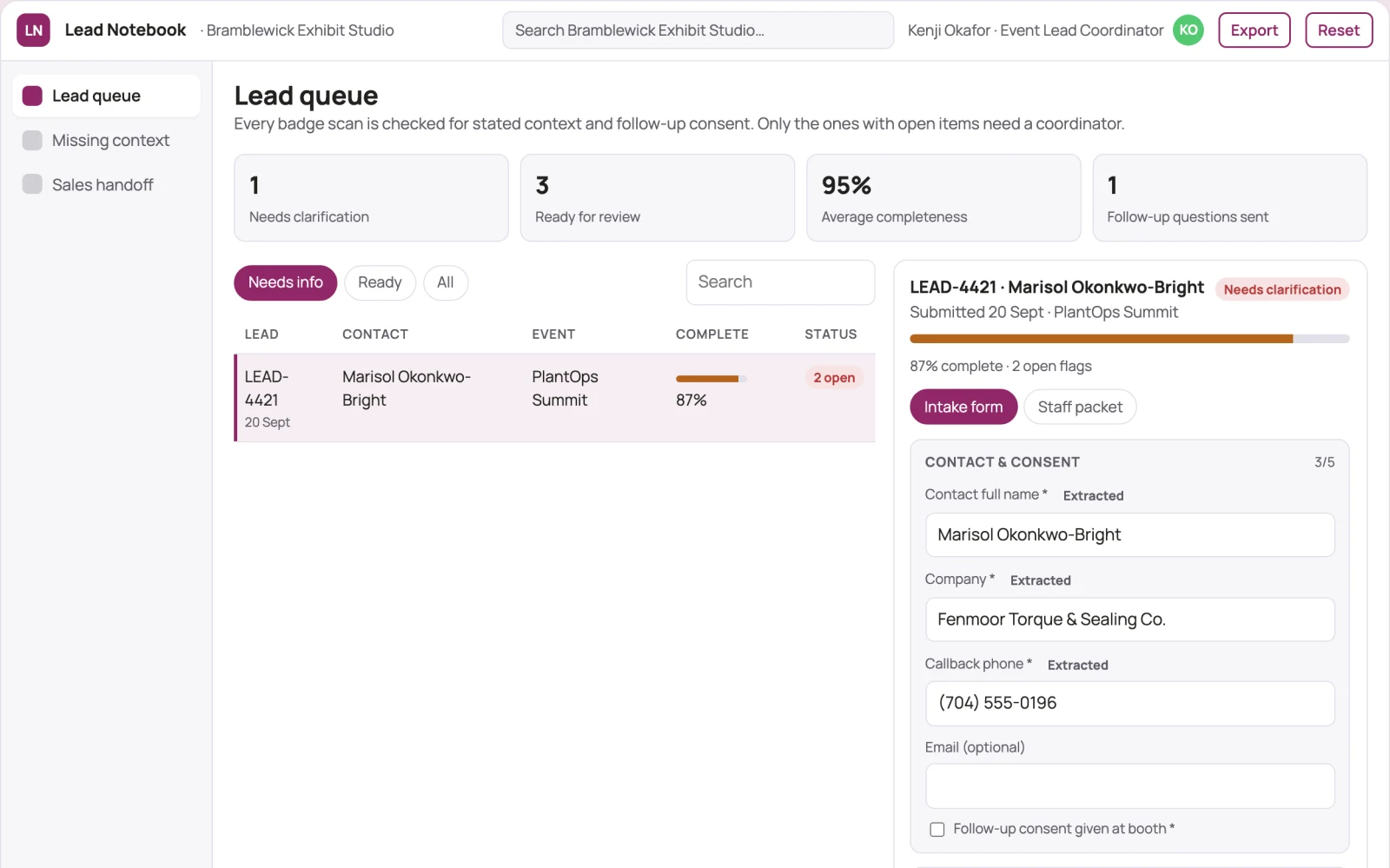 Screenshot of the Trade-show lead context notebook interactive demo