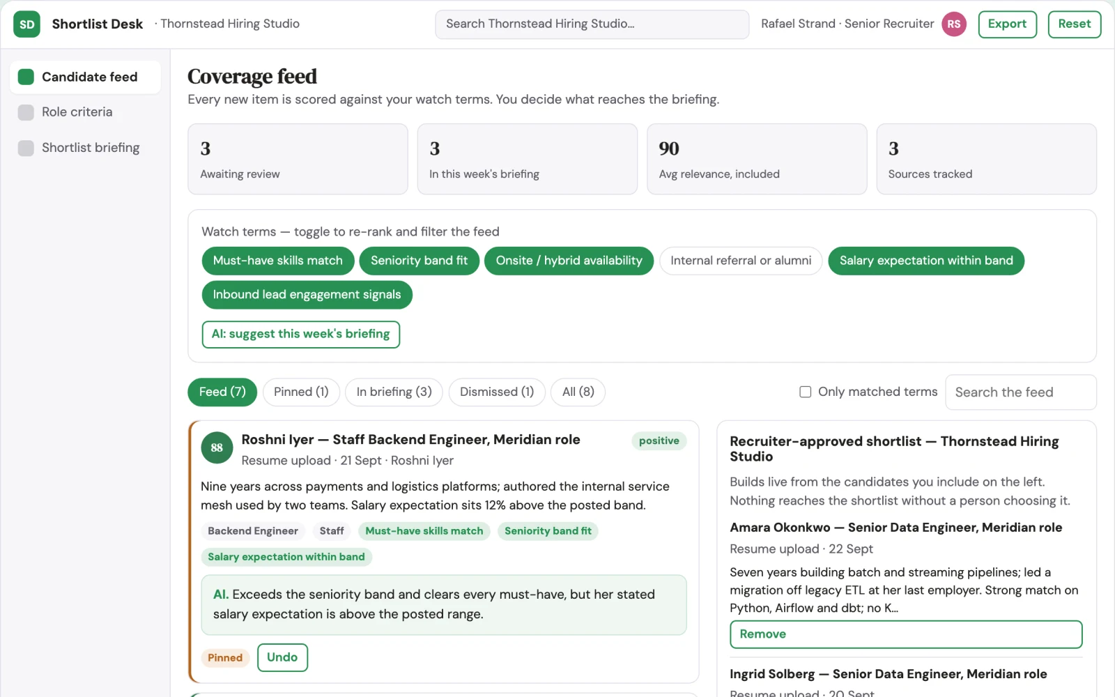 Screenshot of the Transparent applicant ranking and shortlist workbench interactive demo