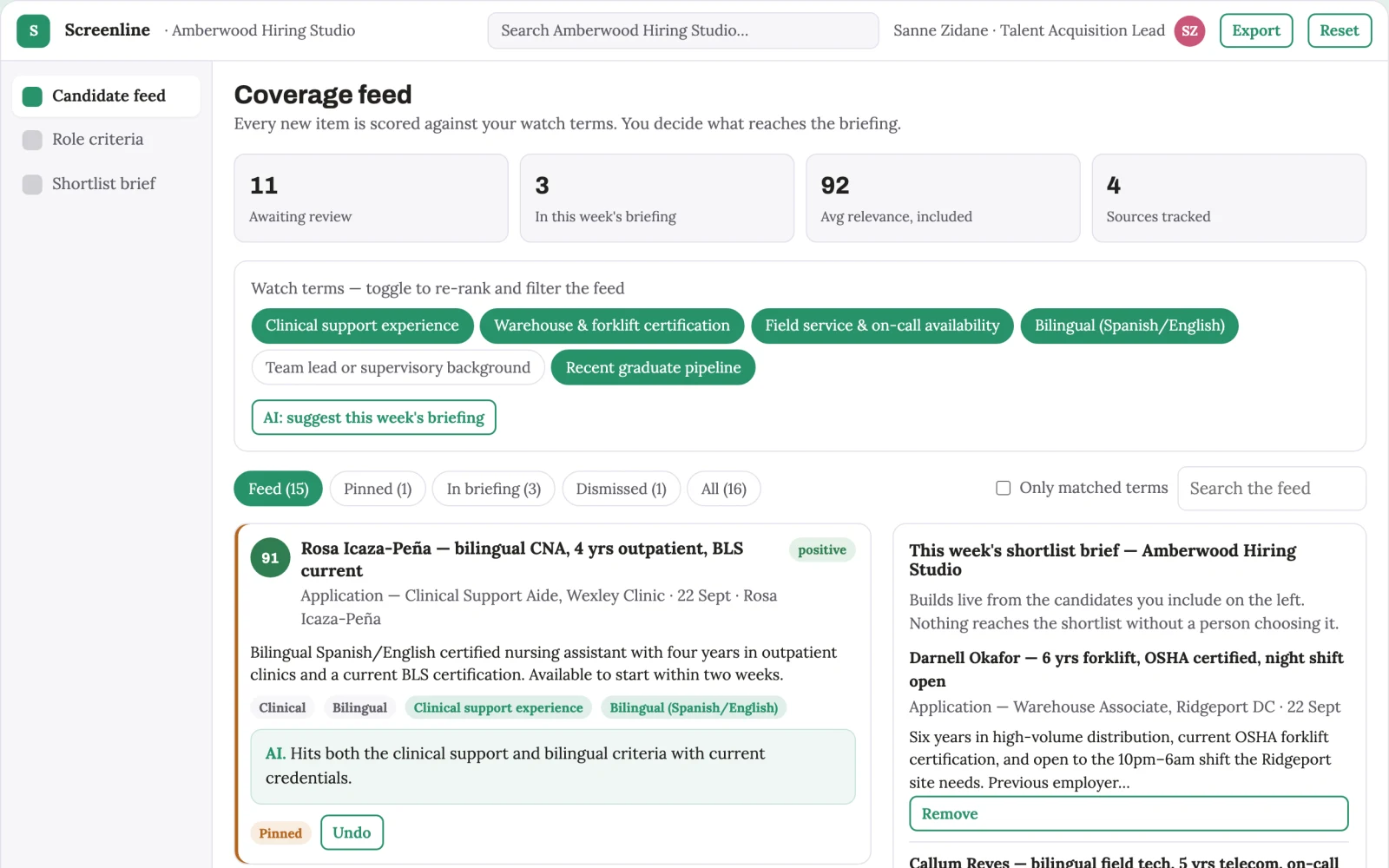 Screenshot of the Transparent candidate screening and interview workbench interactive demo