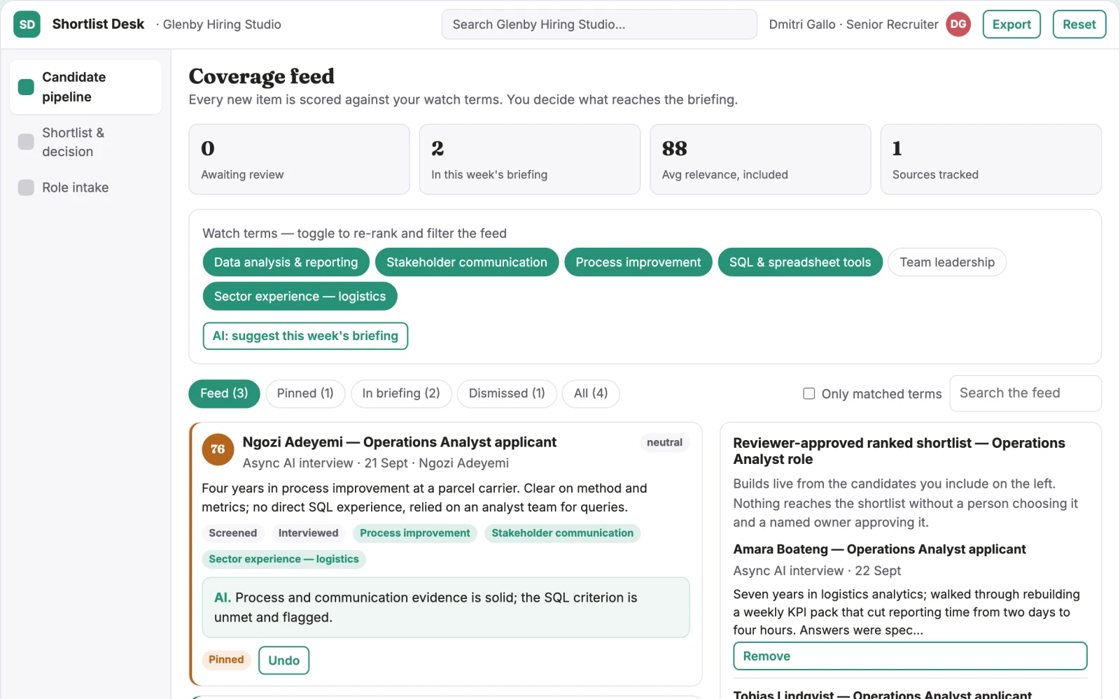 Screenshot of the Transparent candidate screening and shortlist workbench interactive demo
