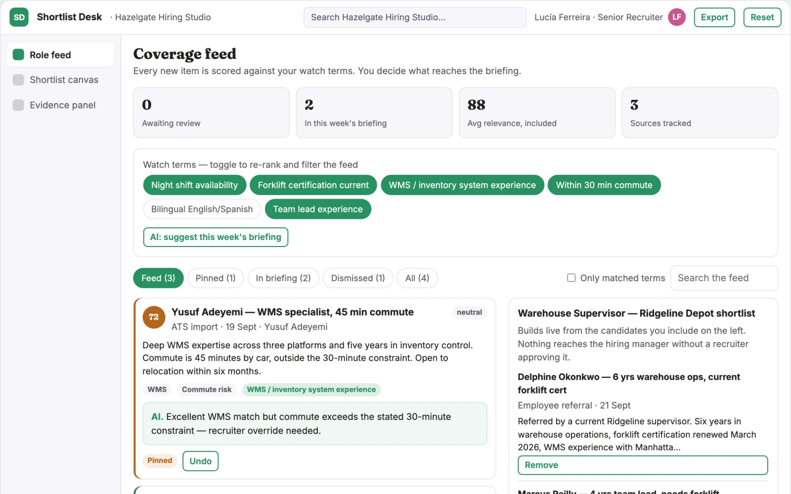 Screenshot of the Transparent candidate sourcing and shortlist workbench interactive demo