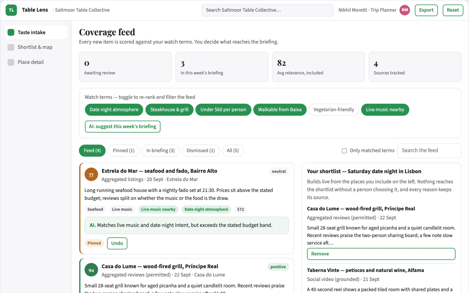 Screenshot of the Transparent dining and local place shortlist platform interactive demo