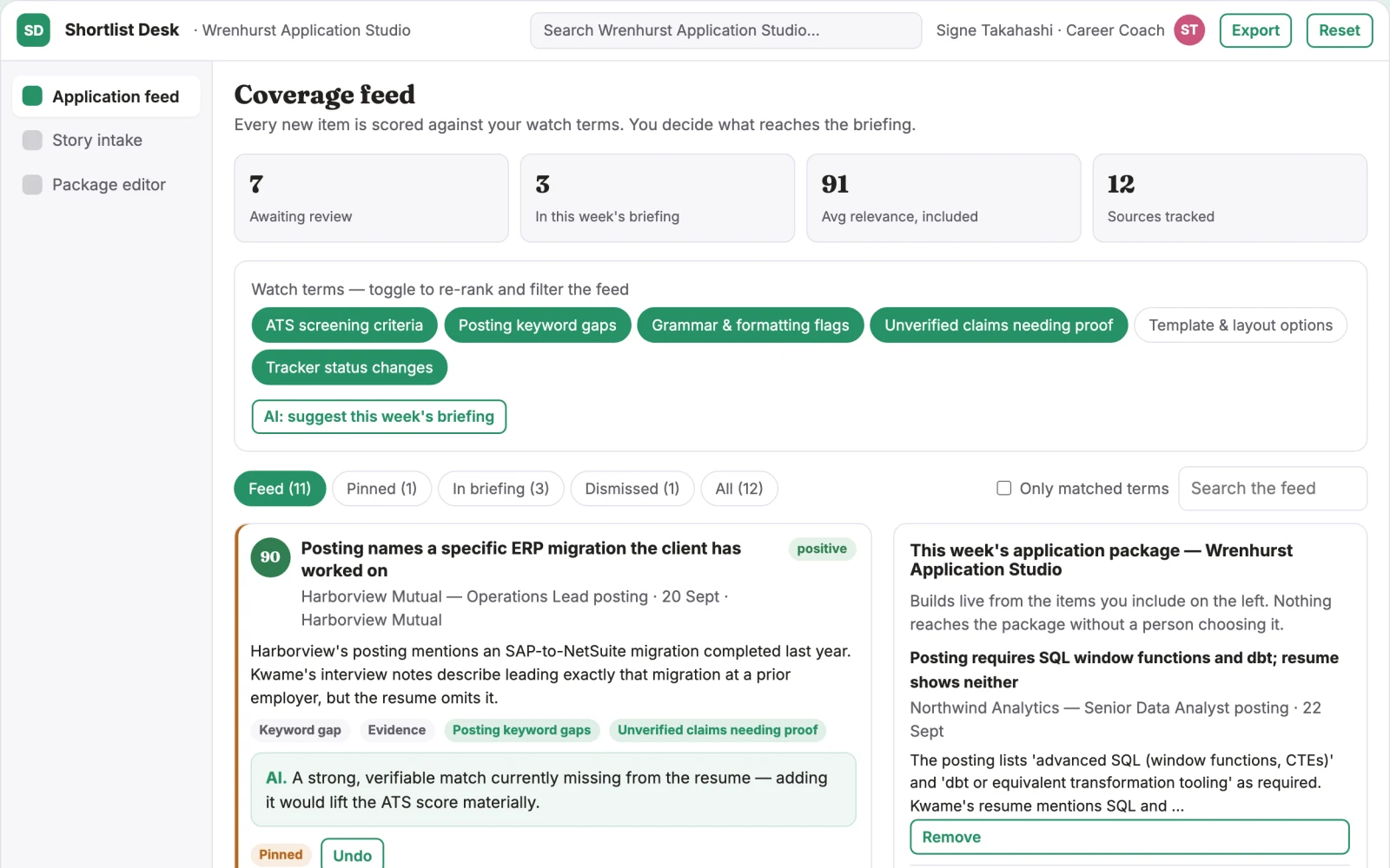 Screenshot of the Transparent job application preparation and shortlist workbench interactive demo